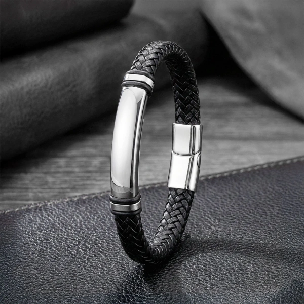 Moncuk Design İsim Yazılabilir Siyah Deri Ve Beyaz Titanyum Kilit Bileklik 33513B15D3