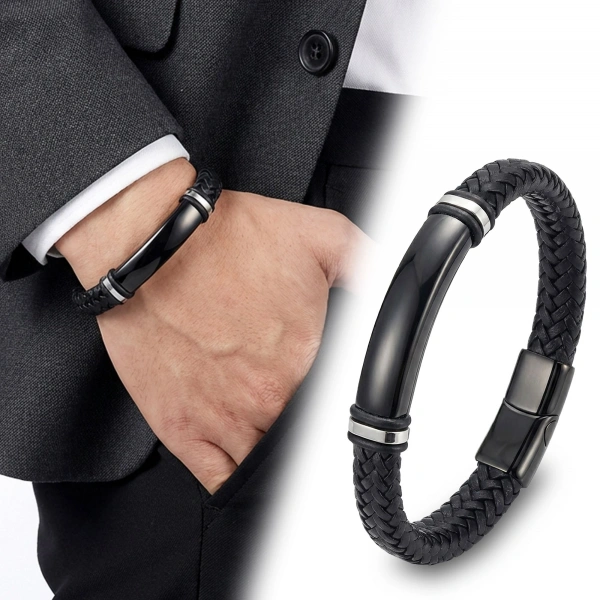 Moncuk Design İsim Yazılabilir Siyah Deri Ve Siyah Titanyum Kilit Bileklik 33513B15D4