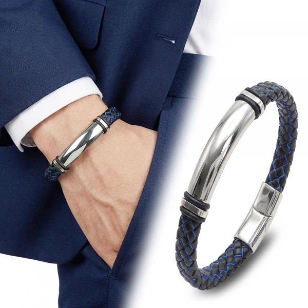 Moncuk Design İsim Yazılabilir Mavi Siyah Deri Ve Beyaz Titanyum Kilit Bileklik 33513B15D6