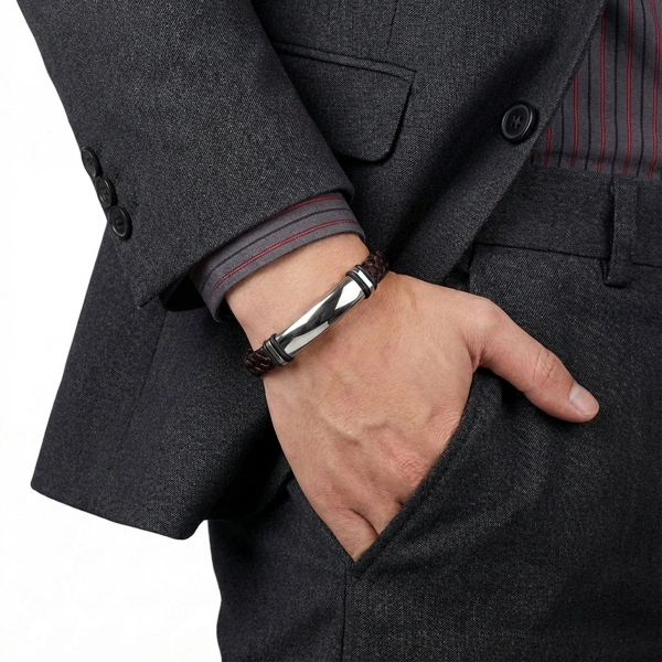 Moncuk Design İsim Yazılabilir Kırmızı Siyah Deri Ve Beyaz Titanyum Kilit Bileklik 33513B15D8