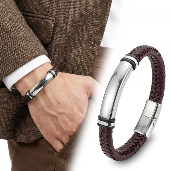 Moncuk Design İsim Yazılabilir Kahverengi Deri Ve Bayaz Titanyum Kilit Bileklik 33513B15D12