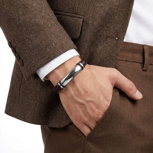 Moncuk Design İsim Yazılabilir Kahverengi Deri Ve Bayaz Titanyum Kilit Bileklik 33513B15D12