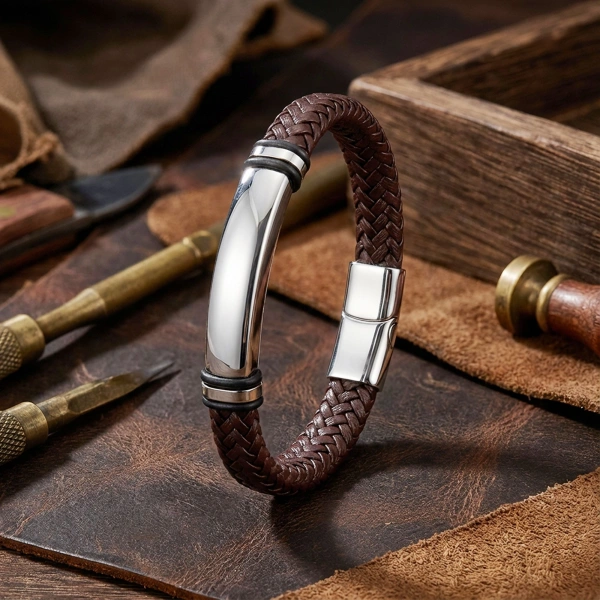 Moncuk Design İsim Yazılabilir Kahverengi Deri Ve Bayaz Titanyum Kilit Bileklik 33513B15D12