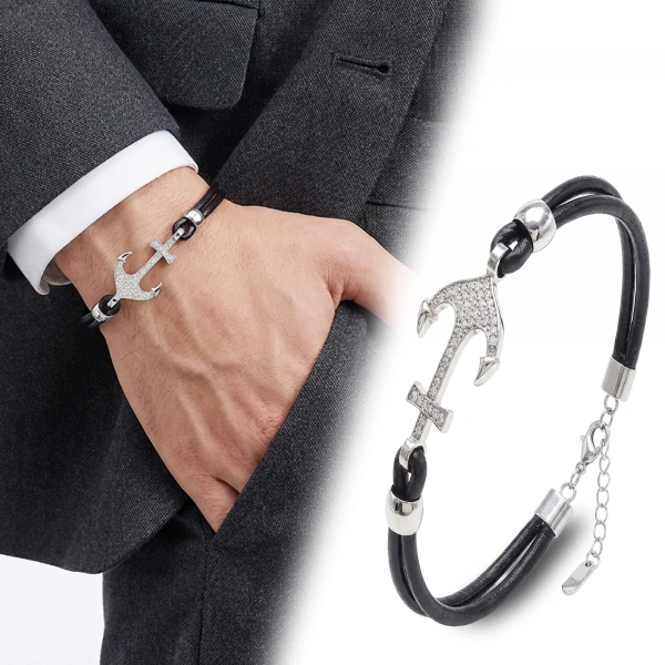 Moncuk Design Zirkon Taşlı Çelik Çapa Detaylı Ayarlanabilir Deri Erkek Bileklik 33514B27D1