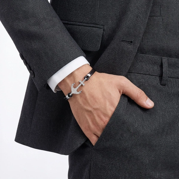 Moncuk Design Zirkon Taşlı Çelik Çapa Detaylı Ayarlanabilir Deri Erkek Bileklik 33514B27D1