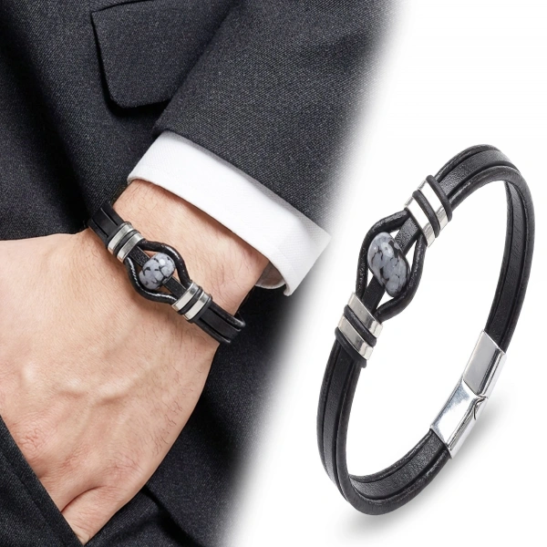 Moncuk Design Snowy Obsidian Rondela Doğaltaş Ve Deri Çelik Bileklik 33512B14D8