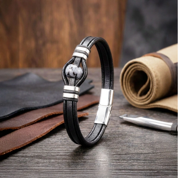 Moncuk Design Snowy Obsidian Rondela Doğaltaş Ve Deri Çelik Bileklik 33512B14D8