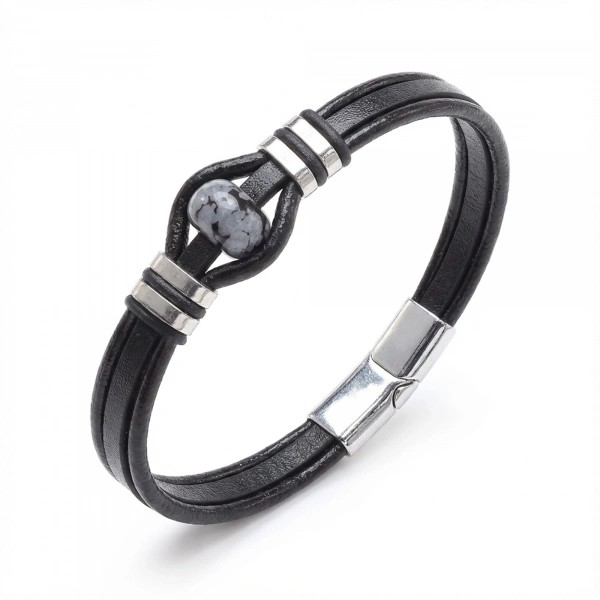 Moncuk Design Snowy Obsidian Rondela Doğaltaş Ve Deri Çelik Bileklik 33512B14D8