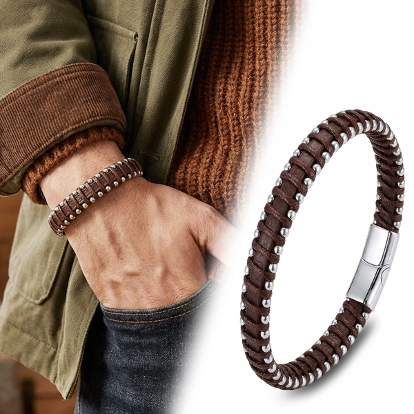Moncuk Design Damla Çelik Zincir Kahve Rengi Deri Dolama Erkek Bileklik 33514B1D6