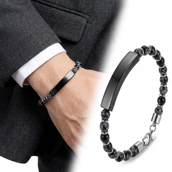 Moncuk Design Snowy Obsidian Siyah İsim Yazılabilir Ve Ayarlanabilir Çelik Zincir Bileklik 33512B29D11