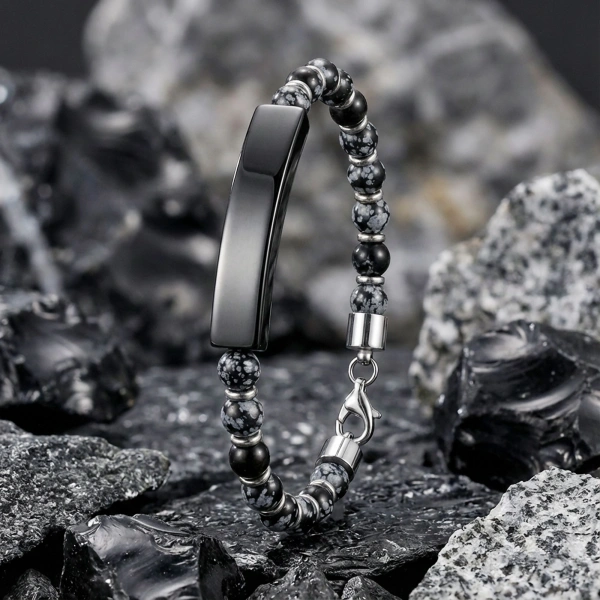 Moncuk Design Snowy Obsidian Siyah İsim Yazılabilir Ve Ayarlanabilir Çelik Zincir Bileklik 33512B29D11