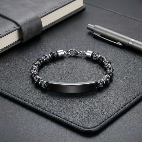 Moncuk Design Snowy Obsidian Siyah İsim Yazılabilir Ve Ayarlanabilir Çelik Zincir Bileklik 33512B29D11