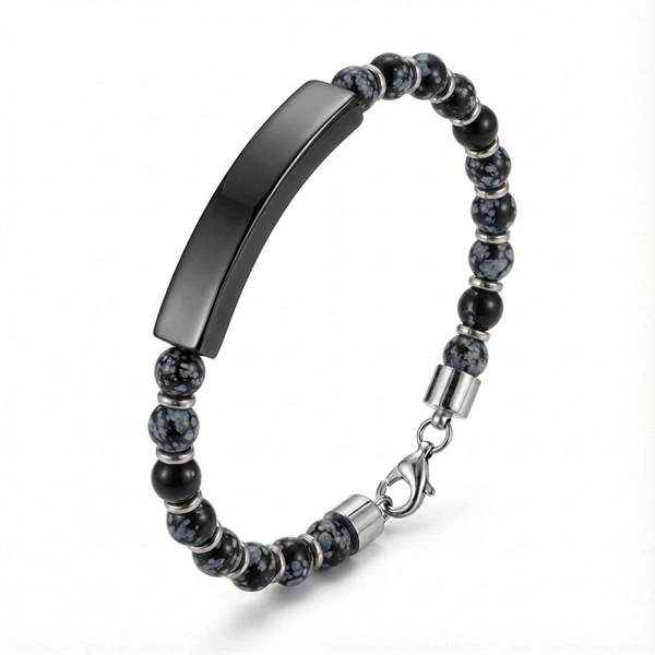 Moncuk Design Snowy Obsidian Siyah İsim Yazılabilir Ve Ayarlanabilir Çelik Zincir Bileklik 33512B29D11