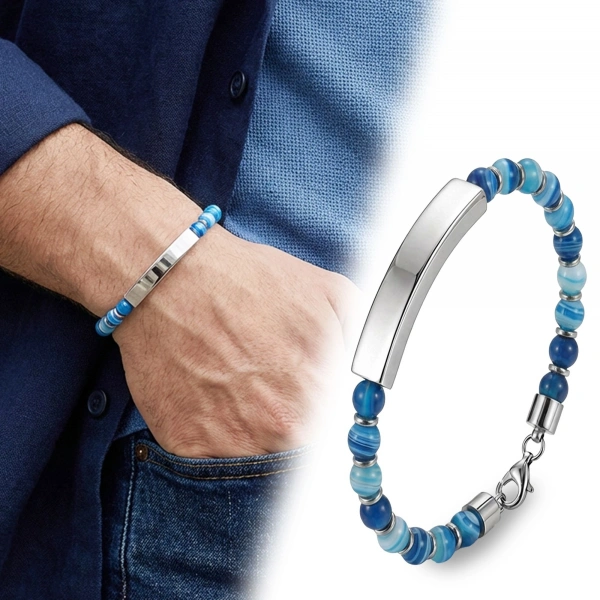 Moncuk Design Mavi Akik Beyaz İsim Yazılabilir Ve Ayarlanabilir Çelik Zincir Bileklik 33512B29D14