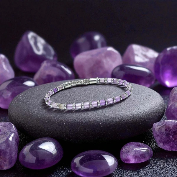 Moncuk Design Ametist Taşı & Silver Hematit Taşlı Ayarlanabilir Çelik Zincir Erkek Bileklik 33512B10D4M3