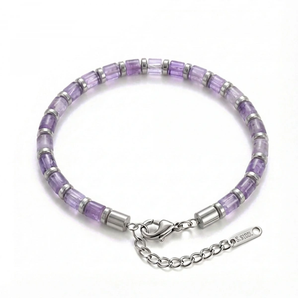 Moncuk Design Ametist Taşı & Silver Hematit Taşlı Ayarlanabilir Çelik Zincir Erkek Bileklik 33512B10D4M3