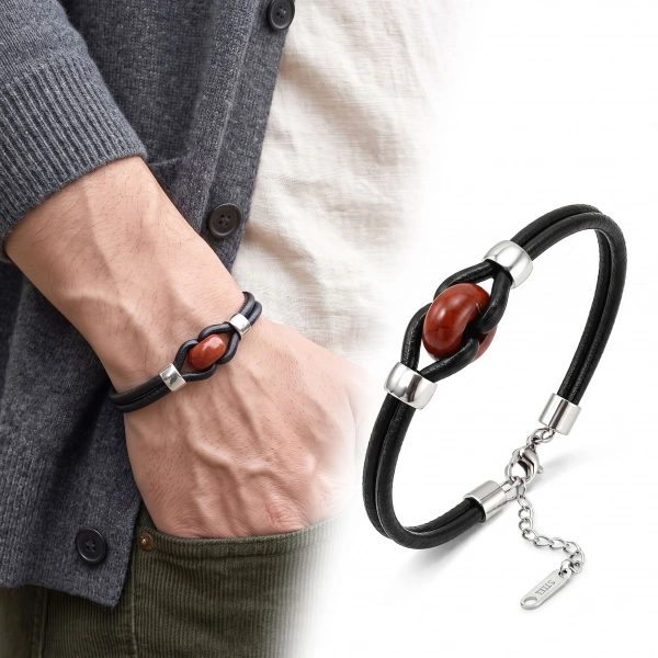Moncuk Design Kırmızı Jasper Doğal Taşlı Çelik Ayarlanabilir Deri Erkek Bileklik 33512B14D12