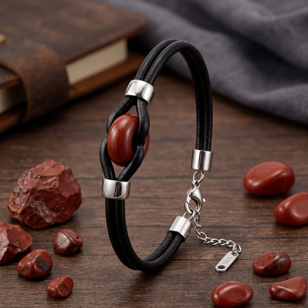 Moncuk Design Kırmızı Jasper Doğal Taşlı Çelik Ayarlanabilir Deri Erkek Bileklik 33512B14D12