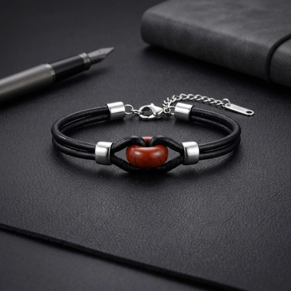 Moncuk Design Kırmızı Jasper Doğal Taşlı Çelik Ayarlanabilir Deri Erkek Bileklik 33512B14D12