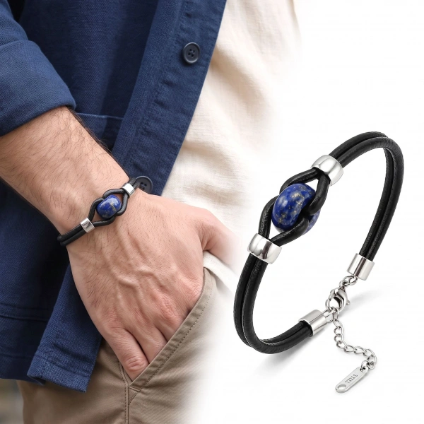 Moncuk Design Lapis Doğal Taşlı Çelik Ayarlanabilir Deri Erkek Bileklik 33512B14D13