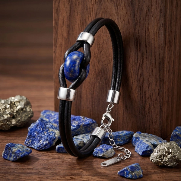 Moncuk Design Lapis Doğal Taşlı Çelik Ayarlanabilir Deri Erkek Bileklik 33512B14D13