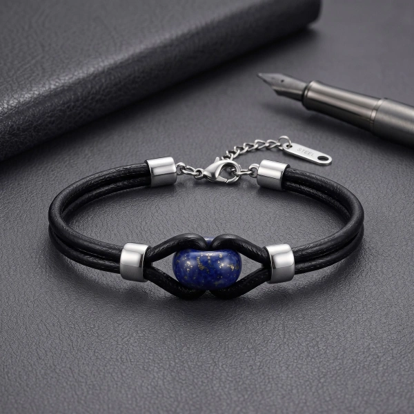 Moncuk Design Lapis Doğal Taşlı Çelik Ayarlanabilir Deri Erkek Bileklik 33512B14D13