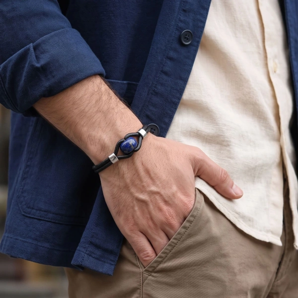 Moncuk Design Lapis Doğal Taşlı Çelik Ayarlanabilir Deri Erkek Bileklik 33512B14D13