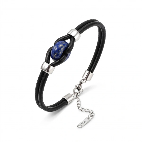 Moncuk Design Lapis Doğal Taşlı Çelik Ayarlanabilir Deri Erkek Bileklik 33512B14D13