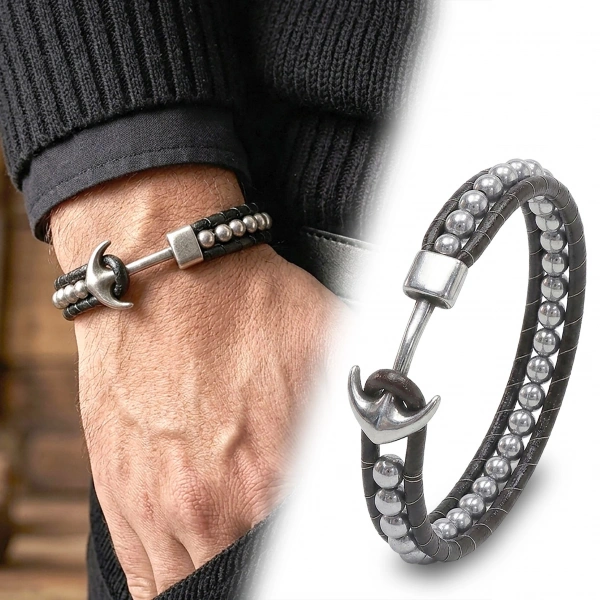 Moncuk Design Çelik Çapa Hematit Doğal Taş Orijinal Deri Örgü Erkek Bileklik 33512B27D1