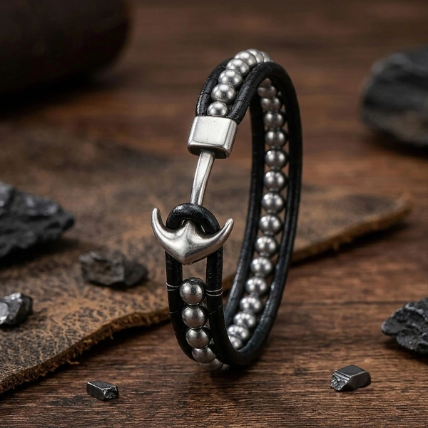 Moncuk Design Çelik Çapa Hematit Doğal Taş Orijinal Deri Örgü Erkek Bileklik 33512B27D1