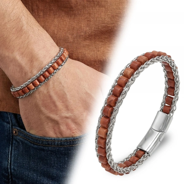 Moncuk Design Kırmızı Jasper Doğal Taşlı Hasır Örgü Zincirli Erkek Çelik Bileklik 33512B28D10