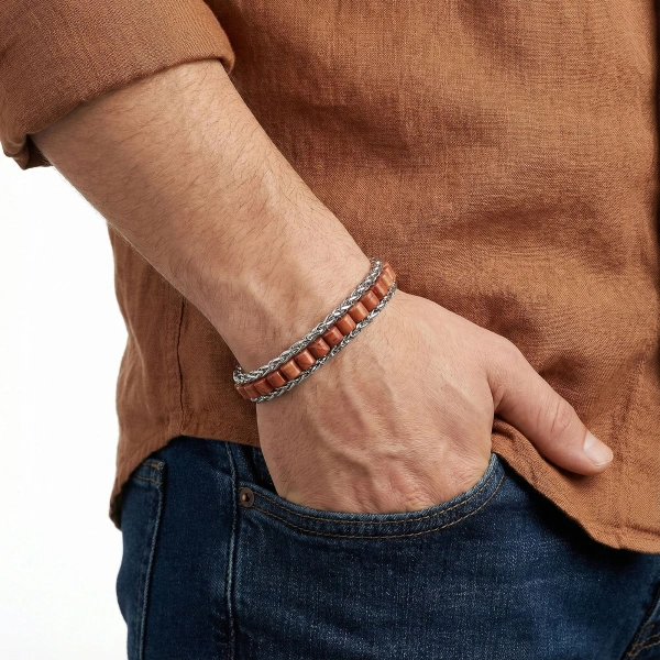 Moncuk Design Kırmızı Jasper Doğal Taşlı Hasır Örgü Zincirli Erkek Çelik Bileklik 33512B28D10