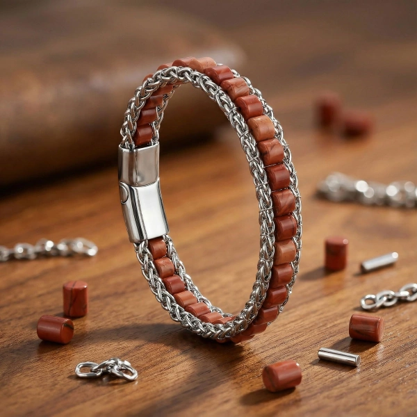 Moncuk Design Kırmızı Jasper Doğal Taşlı Hasır Örgü Zincirli Erkek Çelik Bileklik 33512B28D10