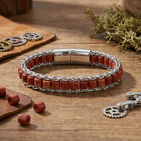 Moncuk Design Kırmızı Jasper Doğal Taşlı Hasır Örgü Zincirli Erkek Çelik Bileklik 33512B28D10