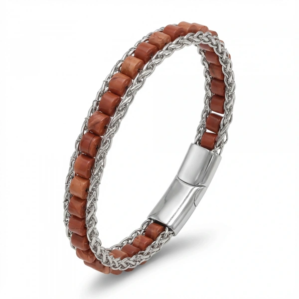 Moncuk Design Kırmızı Jasper Doğal Taşlı Hasır Örgü Zincirli Erkek Çelik Bileklik 33512B28D10