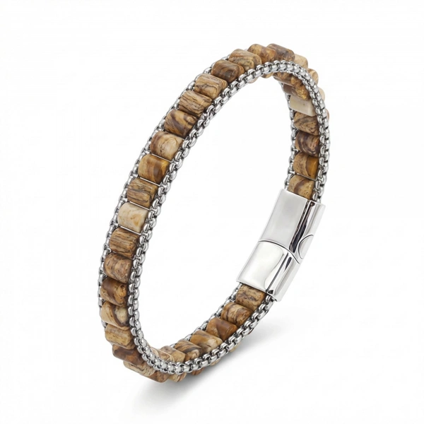 Moncuk Design  Odun Jasper Doğal Taşlı Hasır Örgü Zincirli Erkek Çelik Bileklik 33512B28D13
