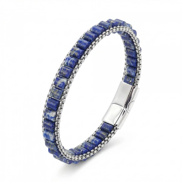 Moncuk Design  Lapis Doğal Taşlı Hasır Örgü Zincirli Erkek Çelik Bileklik 33512B28D17