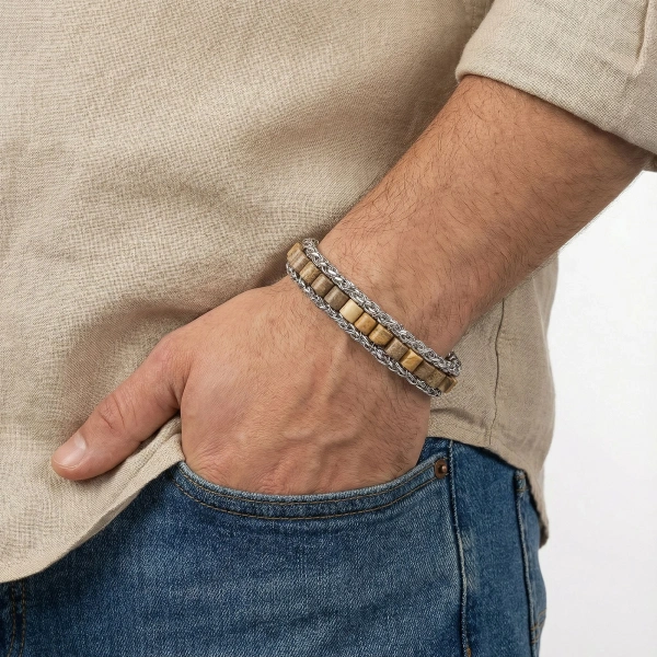 Moncuk Design Odun Jasper Doğal Taşlı Hasır Örgü Zincirli Erkek Çelik Bileklik 33512B28D3