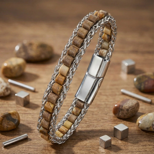 Moncuk Design Odun Jasper Doğal Taşlı Hasır Örgü Zincirli Erkek Çelik Bileklik 33512B28D3