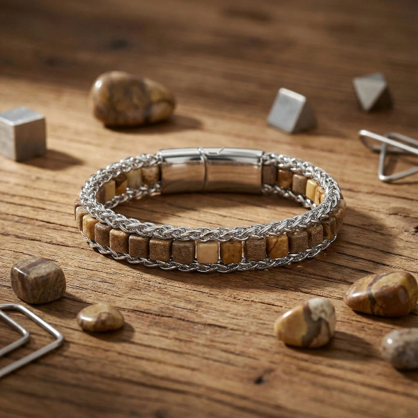 Moncuk Design Odun Jasper Doğal Taşlı Hasır Örgü Zincirli Erkek Çelik Bileklik 33512B28D3