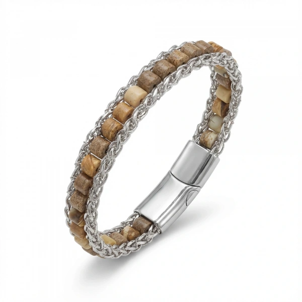 Moncuk Design Odun Jasper Doğal Taşlı Hasır Örgü Zincirli Erkek Çelik Bileklik 33512B28D3