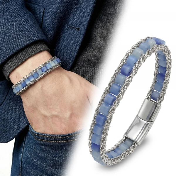 Moncuk Design Mavi Aventurin Doğal Taşlı Hasır Örgü Zincirli Erkek Çelik Bileklik 33512B28D6