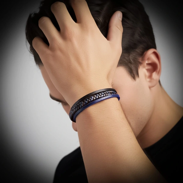 Moncuk Design Lacivert Siyah Deri Erkek Bileklik – Titanyum Çelik Manyetik Kilitli 33513B14D1