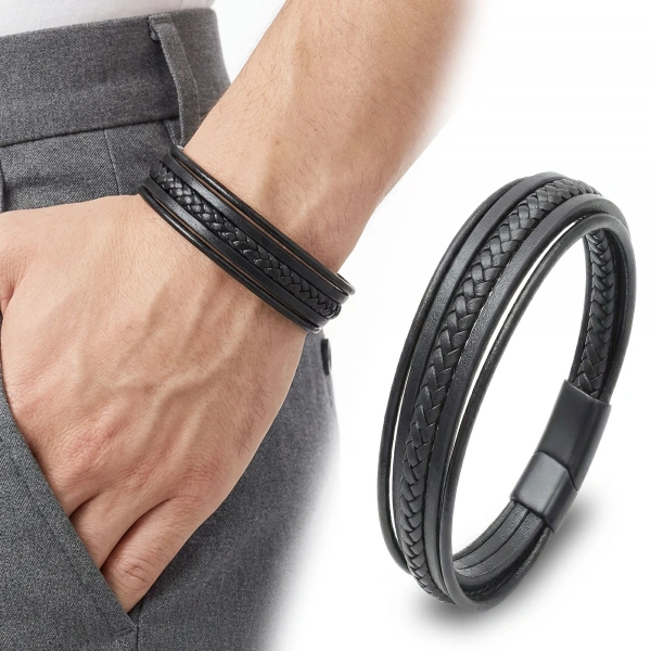Moncuk Design Siyah Tüp Örgü Ve Çoklu Deri Bileklik - Zamak Kilit 33513B2D2Z