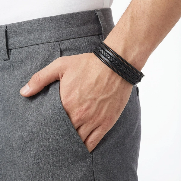 Moncuk Design Siyah Tüp Örgü Ve Çoklu Deri Bileklik - Zamak Kilit 33513B2D2Z