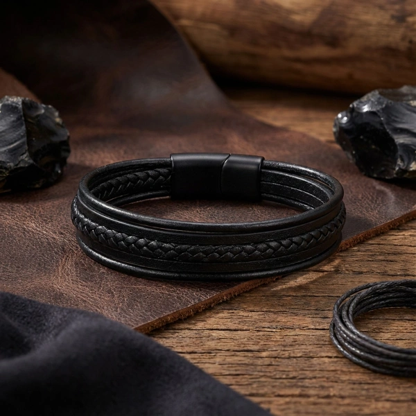 Moncuk Design Siyah Tüp Örgü Ve Çoklu Deri Bileklik - Zamak Kilit 33513B2D2Z