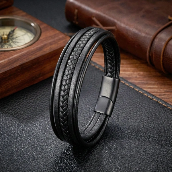 Moncuk Design Siyah Tüp Örgü Ve Çoklu Deri Bileklik - Zamak Kilit 33513B2D2Z