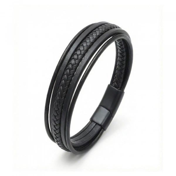 Moncuk Design Siyah Tüp Örgü Ve Çoklu Deri Bileklik - Zamak Kilit 33513B2D2Z