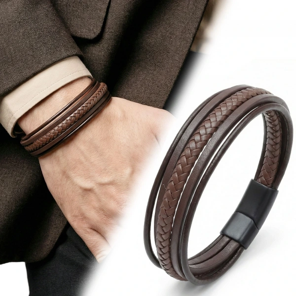 Moncuk Design Kahve Tüp Örgü Ve Çoklu Deri Bileklik - Zamak Kilit 33513B2D5Z