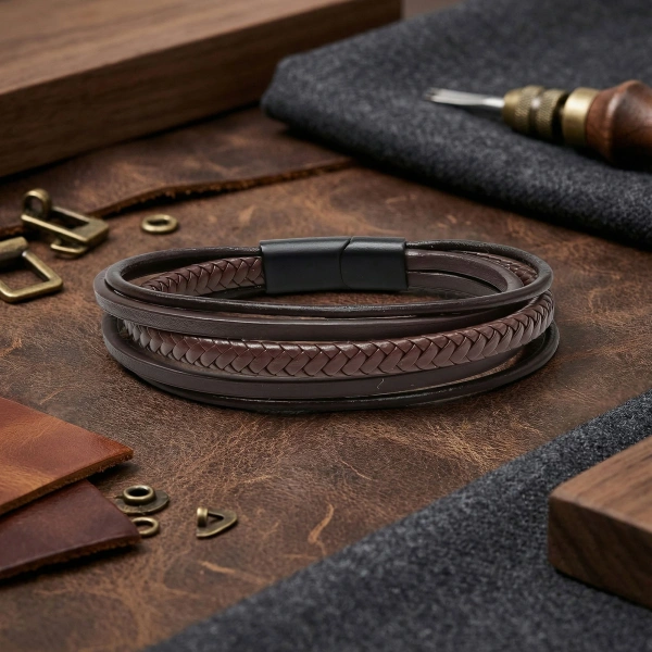 Moncuk Design Kahve Tüp Örgü Ve Çoklu Deri Bileklik - Zamak Kilit 33513B2D5Z